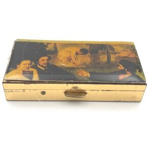 Vintage‎ Pill Box Gold Tone Case with Painting Design Collectible